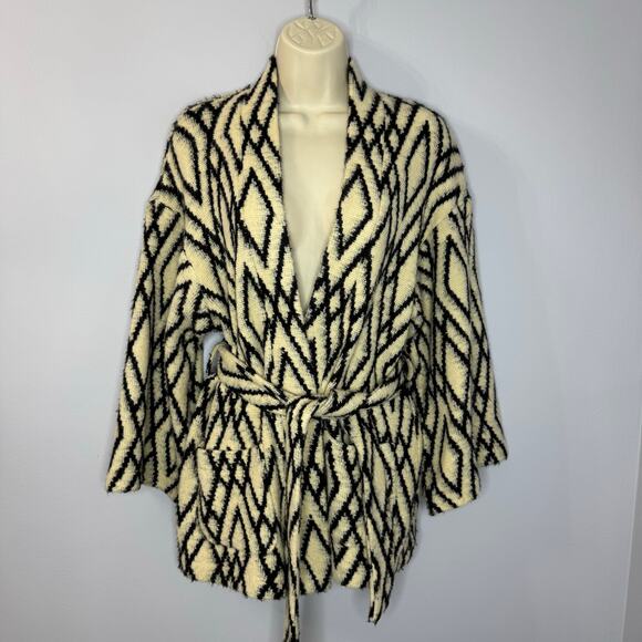 Tucker Wrap Cardigan Sweater Belted Black Cream Geometric Diamond Pattern M - Picture 1 of 12